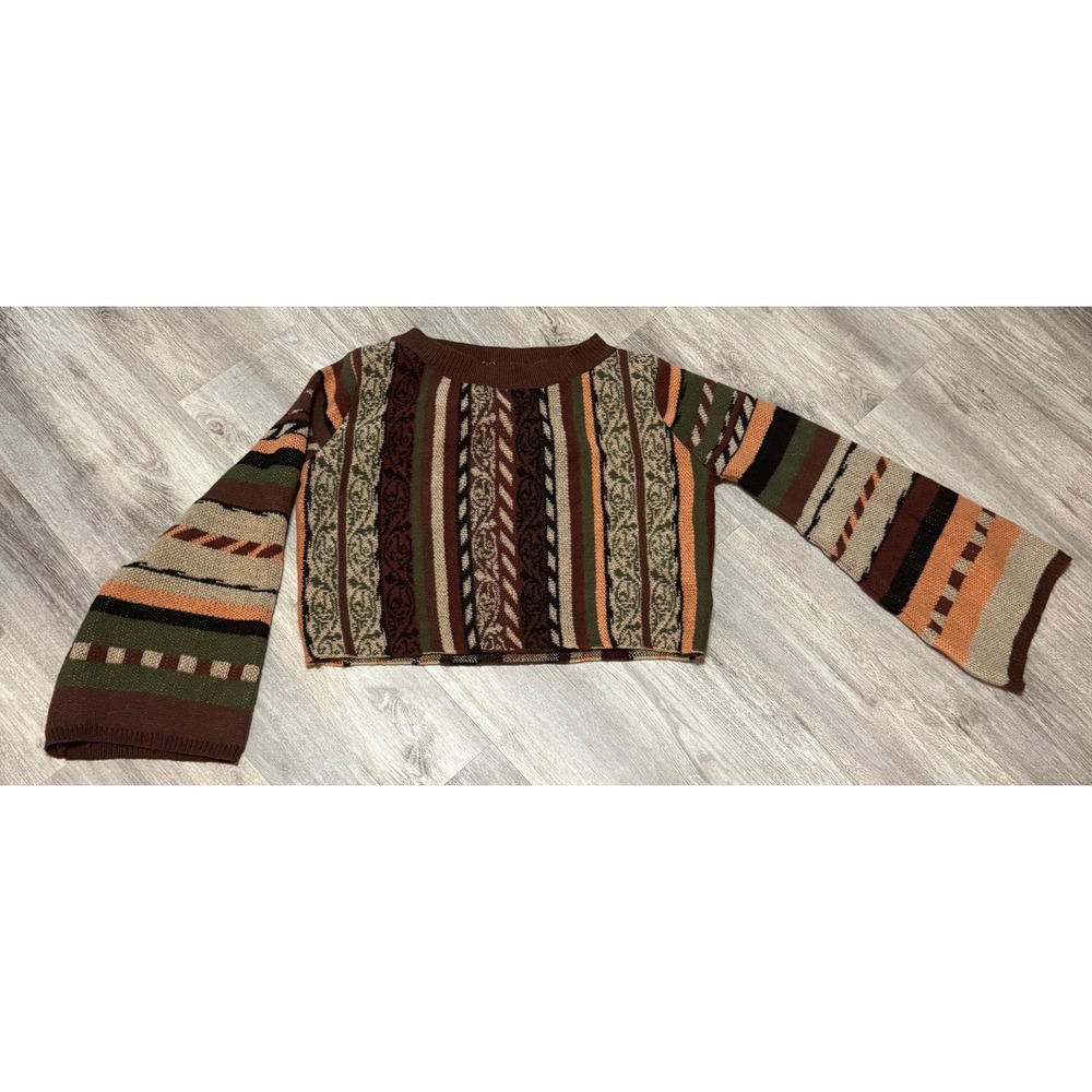 Striped Bell Sleeve Sweater Brown Green Earth Tone Knit Pullover Top‎